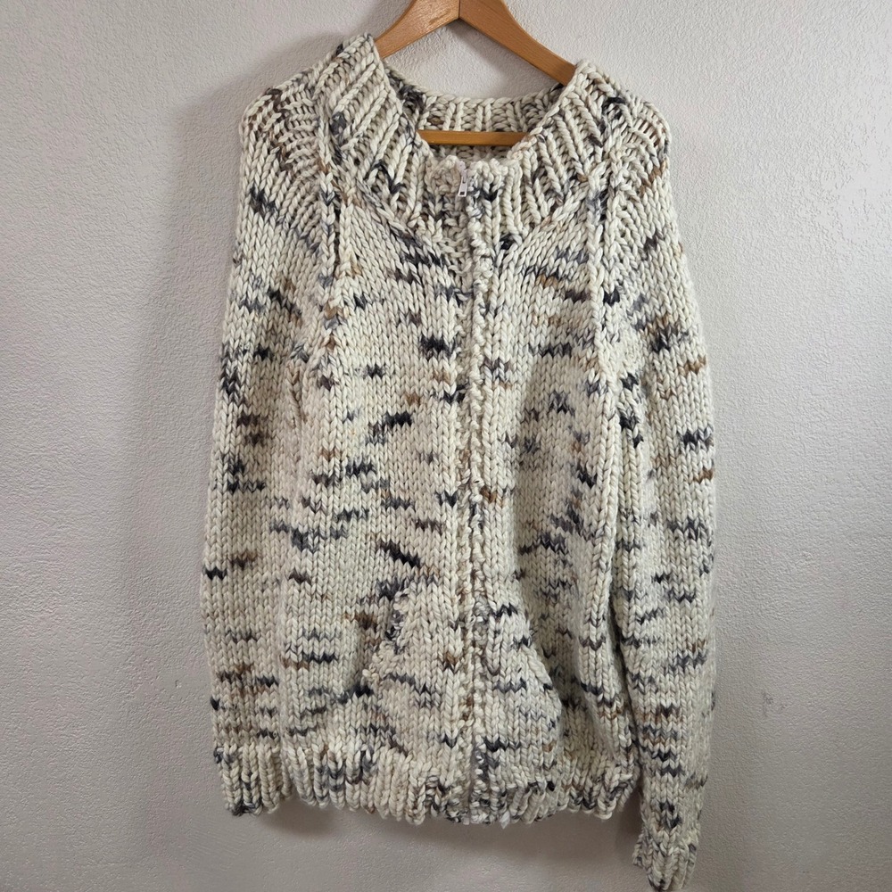 Unbranded Hand Knit Heavyweight Chunky Zip Cardigan Cream Marled Sweater Large